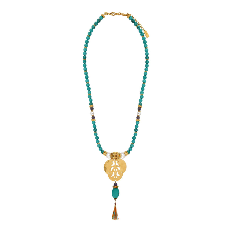 Tiki Tribal Bead Pendant Sautoir Necklace in Turquoise