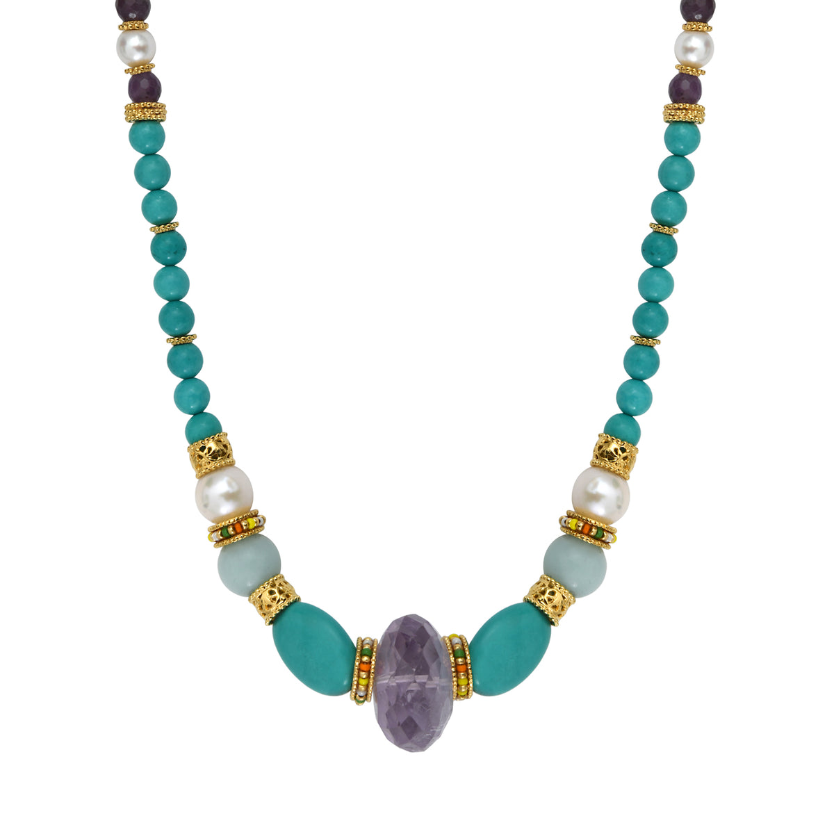 Tiki Gemstone & River Pearl Short necklace in Turquoise