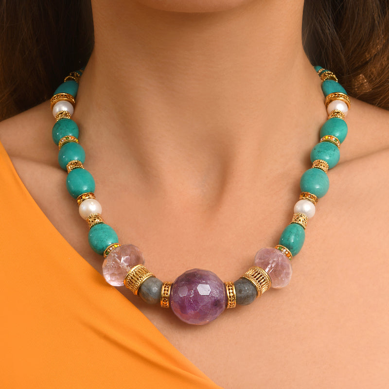 Tiki Gemstone & Amethyst Short Necklace in Turquoise