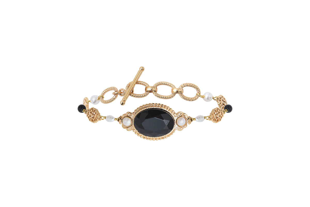 Ultima Glamorous Freshwater Pearl & Onyx Chain Bracelet in Black