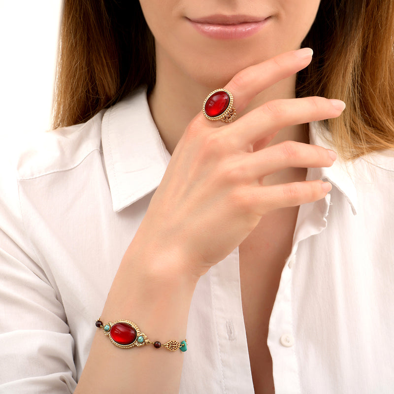 Ultima Festive Garnet, Turquoise & Onyx Chain Bracelet in Red