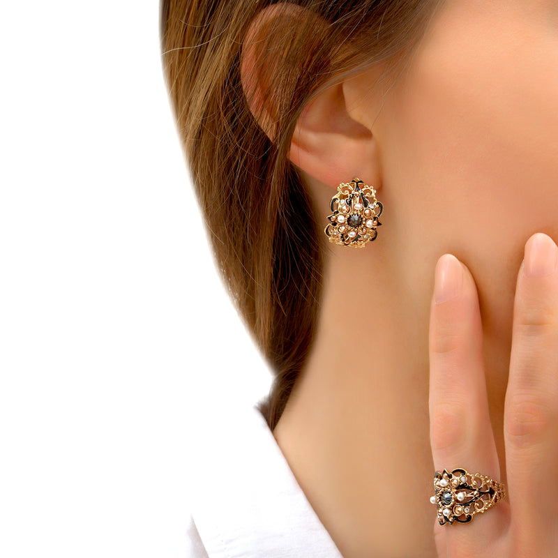 Ultima Modern Enamel & Prestige Crystal Adjustable Ring in Black