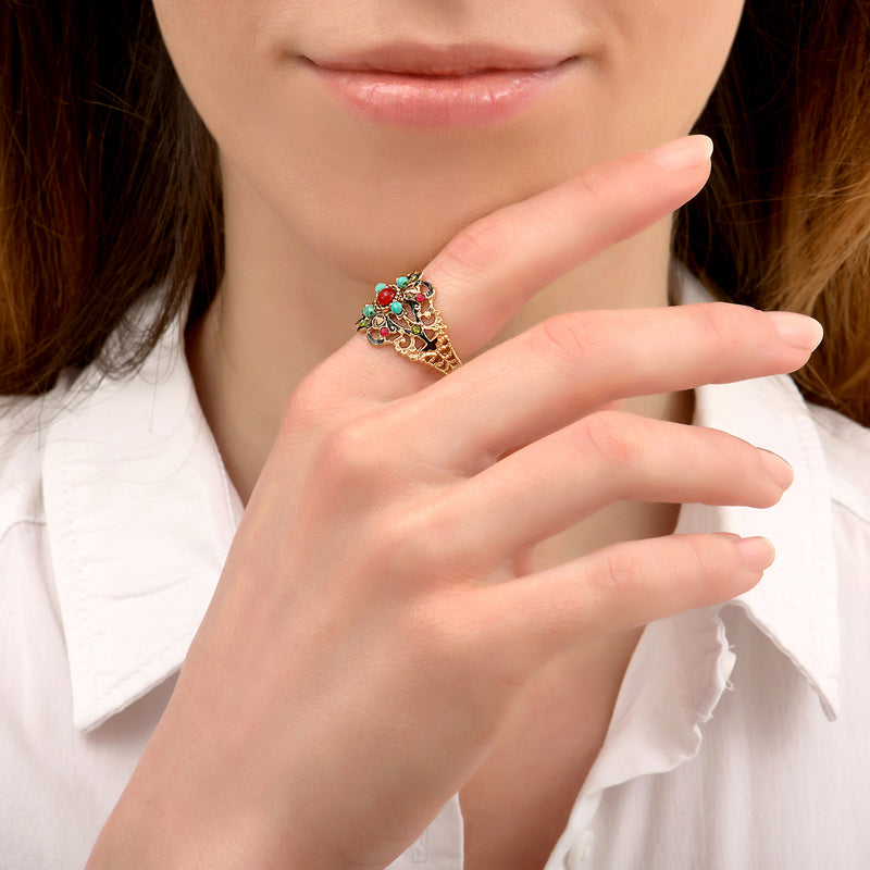 Ultima Colourful Prestige Crystal & Turquoise Adjustable Ring in Red